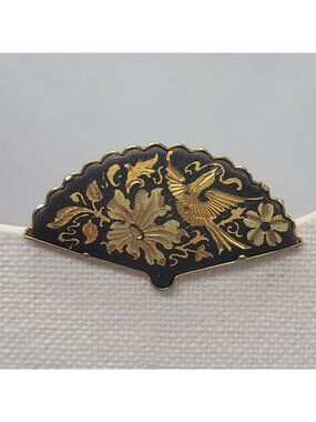 Damascene Fan Brooch With Gold Tone Floral & Bird Design Vtg Trombone Clasp Intr